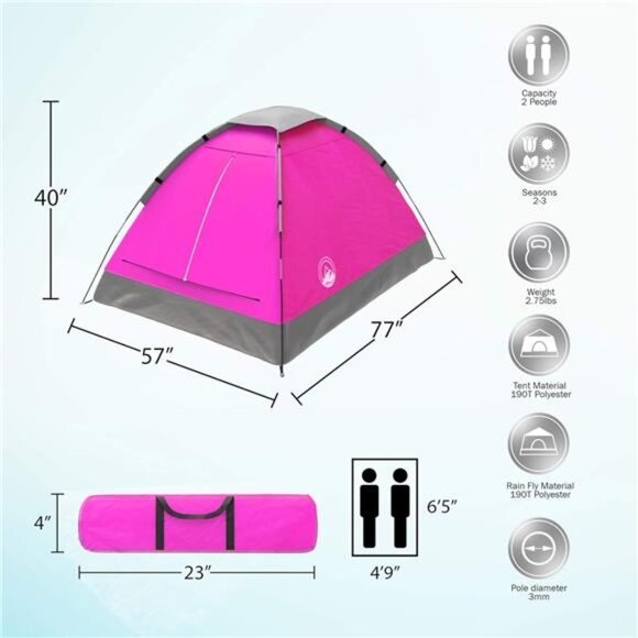 2 Person Dome Tent – Easy Set Up Shelter with Rain Fly and Carry Bag for Camping - Picture 2 of 7